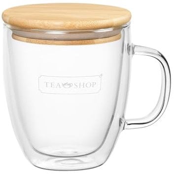 TEA SHOP - Tazza di Vetro con Coperchio per Tè, Infusi o Caffè - Tazza con Doppio Vetro e Coperchio in Legno