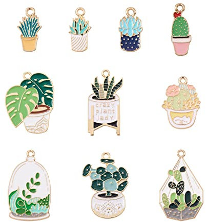 PandaHall Emaille-Pflanzen-Charm-Anhänger, 10 Stile, vergoldet, Kaktus, Bonsai, Topf, Kultur baumelnde Charms für DIY-Halsketten, Armbänder, Ohrringe, Basteln, 20 Stück