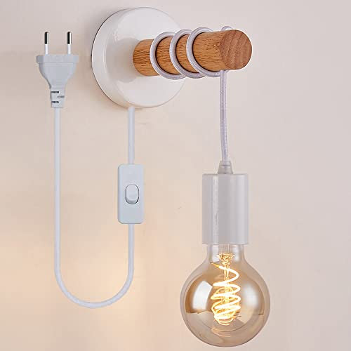 Mengjay Lampada da parete retrò in metallo e legno, interruttore sul filo, lampadina E27 non inclusa, applique vintage, design industriale, ideale per ambienti rustici e moderni (Bianco)