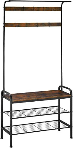 tectake® Garderobenständer mit Sitzbank, Garderobenleiste mit Haken, Wandgarderobe mit Ablage, Kleiderständer, Schuhregal, Schuhbank, offener Kleiderschrank, Flurgarderobe - Industrial dunkelbraun