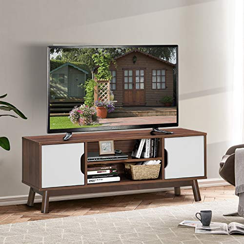 GIANTEX Mueble de TV con 2 estantes abiertos y 2 armarios con puertas, mueble bajo para televisores de hasta 45, color blanco