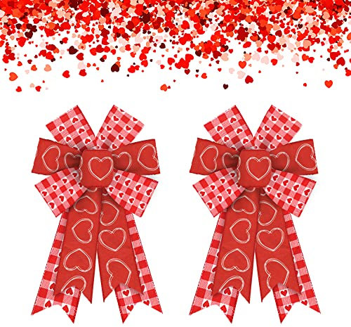 Estivaux 2 Stück Valentinstag-Schleifen für Kranz, Valentinstagskranz, Schleifen, Rot, Rosa, Weiß, Büffelkariert, Herz, Jute, Geschenkschleifen für Haustür, Valentinstag, Party, Dekoration, Zubehör