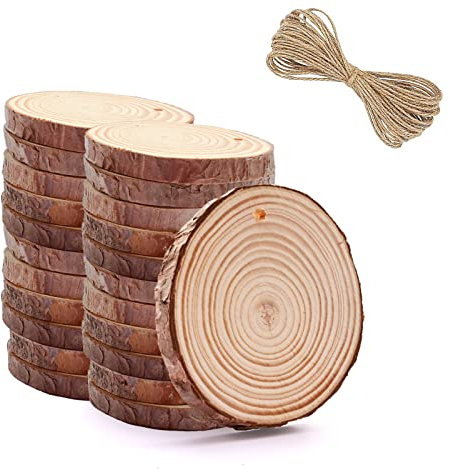 25 Stück Baumscheiben 5-6 cm Naturholzscheiben für Basteldekorationen, kleine unlackierte Holzkreise mit Loch und Schnur für DIY, Basteln, Weihnachtsschmuck, Dekoration