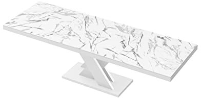 Design Esstisch Tisch HEN-111 Marmoroptik Marmor Natur - Weiß Hochglanz ausziehbar 160 bis 256 cm