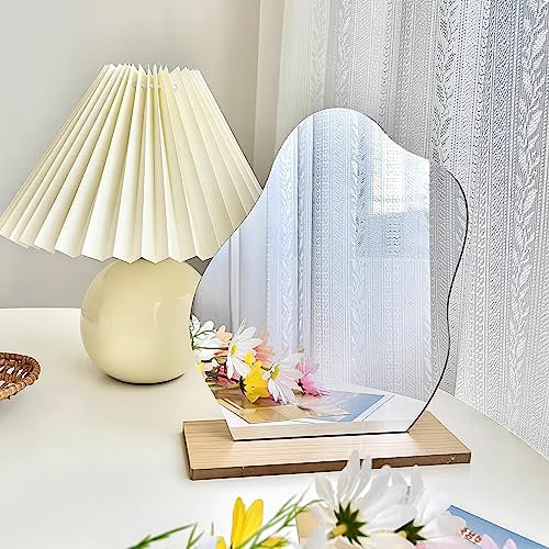 APOMOONS Acryl Schminkspiegel Rahmenlose Dekorative Unregelmäßiger Spiegel Klein mit Holzsockel Kosmetik Tischspiegel für Schlafzimmer Wohnzimmer Hotels Zimmer Deko Aesthetic