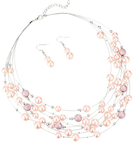 FULU AUTUMN Layered Pearl Necklace Beaded Silver Choker Handmade Boho Statement Costume Necklaces Fashion Jewellery Gifts for Women(37-Pink)