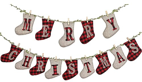 TATAFUN Frohe Weihnachten Sackleinen-Banner, Sockenhandschuhförmige Weihnachtsdekoration, Weihnachtsbanner Fahnen Outdoor Indoor Hängende Dekorationen, für Weihnachtsfeier Wandbaum und Kamin