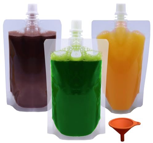 Yelinosk Lot de 20 pochettes transparentes de 500 ml avec bouchons et entonnoir pour festivals, alcool, jus, liquide, sacs à boissons, flasque en plastique pour fêtes, pique-niques, voyages, sports