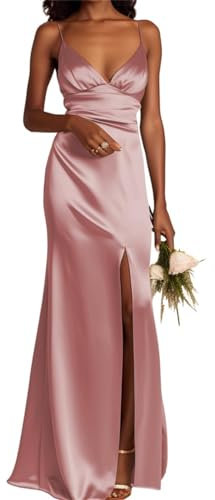 WSEYU Robes de demoiselle d'honneur à bretelles spaghetti pour mariage avec col en V en satin Robes de soirée formelles Rose poudré 46
