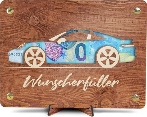 Sport Wagen- XL Geldgeschenk aus Holz inkl. Ständer | Sportwagen - Geschenk für Ihn, Autokarte, Geschenk zum Auto, Tank Gutschein