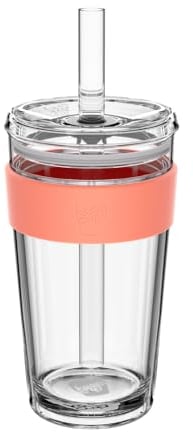 KeepCup Cold Cup - Longplay Double Wall Glass Ice Coffee Tumbler with Lid and Straw - 16oz (454ml) - Californian Shrimp