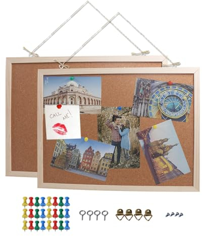 YBCPACK 2 Stück Pinnwand Kork mit Leinen und Reißnägel - 40x30 cm Korkwand Pinnwand Klein mit Rahmen aus Kiefernholz, Natürliche Korkplatten für die Wand, Küche, Büro, Schule