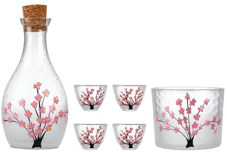 Baoblaze Ensemble de saké en verre pour bouteille de Carafe à saké froid, chaud, japonais, 1 bouteille de saké, 1 réservoir à saké et 4 tasses à saké pour