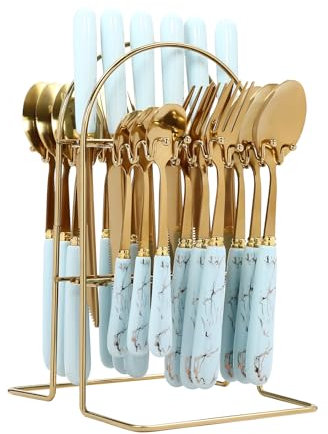 24 Pieces Gold Cutlery Set,Flatware Set Rack,Knife Fork Spoon Hanging Flatware Set,Reusable Easy Clean,Mirror Polished Tableware Set for Home Kitchen (Blue)