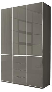 WIEMANN Drehtürenschrank mit 4 Schubkästen hochwertiger Kleiderschrank Schlafzimmerschrank 150cm breit, mit Schubladen, Glas Havanna, Höhe 216cm, Shanghai