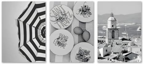 SALVADERO Poster Set 3er Set - Schwarz-Weiß Bilder - Deko für Schlafzimmer, Wohnzimmer oder Büro (St-Tropez 30x40cm)