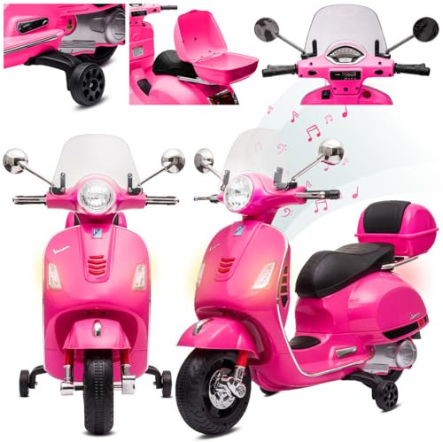 Vespa Elektro Kindermotorrad ab 3 Jahren mit Kunststoffräder und -sitze, Kofferraum, MP3-Player, USD MicroSD AUX-Anschluss. Elektroroller, Kinderroller (Fuchsie)
