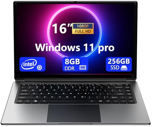 Ordenador Portátil de 16 Pulgadas,portátil portátil con 8GB DDR y 256GB SSD,expandible a 1TB.Procesador Pentium de Cuatro núcleos hasta 2,64GHz.Batería de 9000 mAh.Interfaz Mini HDMI.Interfaz USB 3.0