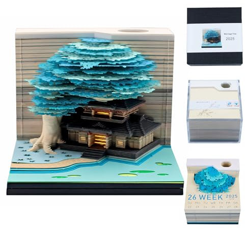 3D-Kalender 2025,3d notizblock kalender 2025,3D-Tränenpapierkalender 2025,mit Lampe und Stifthalter, 3D-Baumhaus,DIY Arbeitsplattendekoration (blaues Baumhaus)