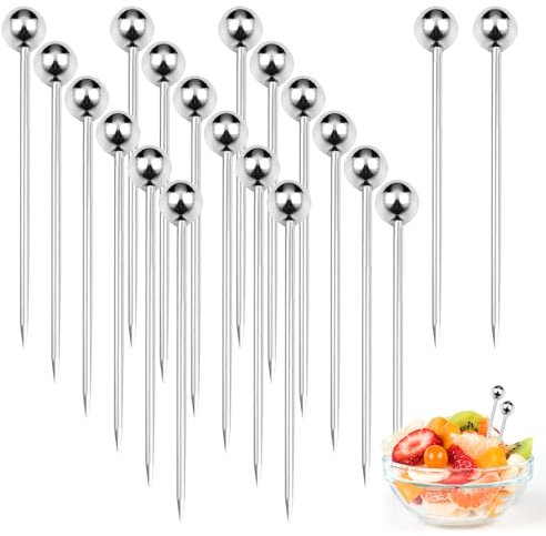 Cocktail Sticks,20Pcs Stainless Steel Metal Cocktail Sticks,Reusable Metal Toothpick Cocktail Picks,Cocktail Accessories Garnish for Parties,Martini Fruit Metal Skewers for Drinks,Fruits,Snacks