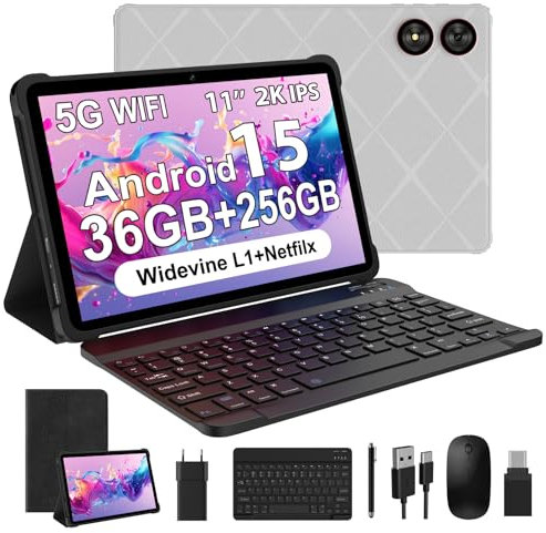 WOREGOO 11 Pulgadas Android 15 Tablet, 5G WiFi, 2.0GHz Octa-Core, 36GB RAM+256GB ROM (1TB TF), 2000x1200 FHD Display, Widevine L1/8+13MP/8000mAh/GMS/GPS, con Teclado+Ratón (Gris)
