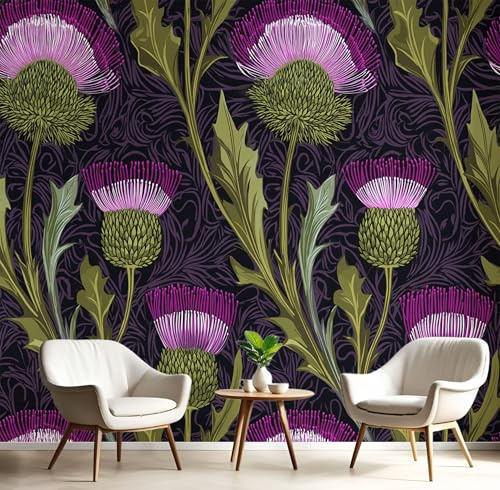 DLERFLOVR Scottish Thistle Photo Wallpaper, William Morris Style Mural Decoration Poster Picture, Large Wallpaper Mural for Wall Bedroom Living Room Tv Background Sofa Wall 150x105cm, Black