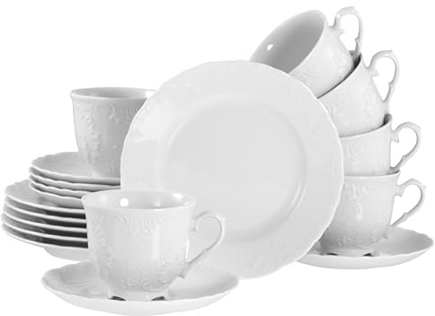 CreaTable, 12618, Serie Rokoko Weiss, 18-teiliges Geschirrset für 6 Personen, Kaffeeservice aus Porzellan, spülmaschinen- und mikrowellengeeignet, Made in Europe