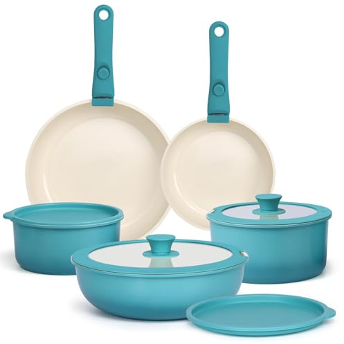 GiPP 11PCS Pots and Pans Set Non Stick with Detachable Handle | Granite Nonstick Coating, PFAS PFOA Free, Induction Compatible, Oven Safe, RV Space-Saving Design(Blue Gradient,11PCS)