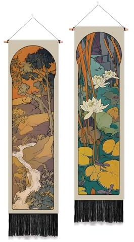 PLIGREAT 2er Pack Wandteppiche Im Mucha Stil Wandbehang Mit Lotusteich Und Quasten Natur Bergfluss Wandteppich Für Schlafzimmer Wohnzimmer Heimdekoration Farbenfrohe Kunst Wandteppiche 130 x 33cm