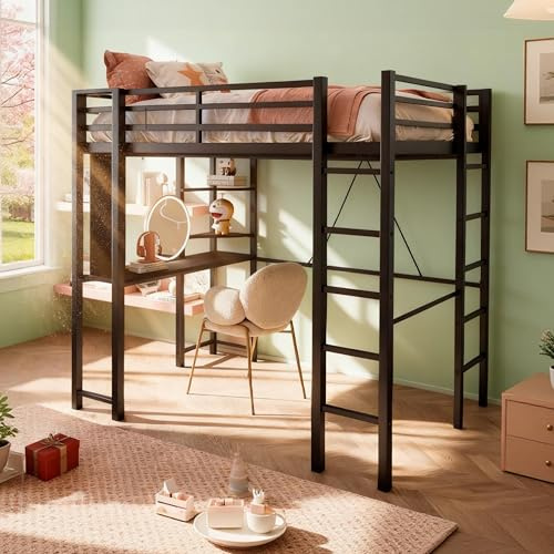 Metal Loft Bed Frame with Desk, Full Size Loft Bed with 2 Built-in Ladders & Safety Guard, Noise Free for Small Bedroom, Classic Black