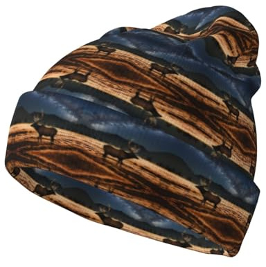 Elch in The Meadow Gemusterte Strickmütze, warme Krempenlose Mütze, elastisch, geeignet für zu Hause oder Outdoor-Aktivitäten, Schwarz