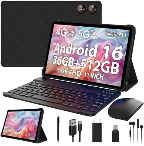 PIXGOOD 2026 Android 16 Tablet 11 Zoll, 36GB RAM+512GB ROM, SIM 4G & 5G WiFi, Octa Core, 13MP+8MP, 2000 * 1200/WidevineL1/8000mAh/BT5.0/OTG/GPS-Tablet mit Tastatur (Zoll, 11, Schwarz-1)