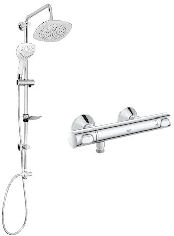 Belvit GROHE QuickFix Precision Flow Thermostat Duschset, Chrom Weiss | Regendusche Ø 20 cm, Handbrause Mehrstrahl, Duschstange 85 cm, SafeStop 38° C, EcoJoy, Duschsystem, Wandmontage Aufputz