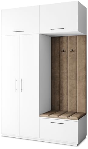 Masseno Flugarderoben Set Rema, Kleiderschrank-Set mit Sitzbank, Garderobenschrank Flur mit 5 Regalböden, Weiß