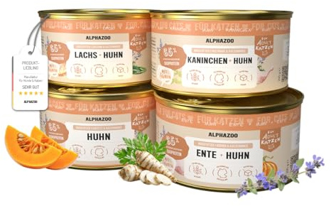 alphazoo Probierschmaus Nassfutter 4x200 g – Premium Katzenfutter Probierpaket mit Monoprotein & Duoprotein Sorten - getreidefrei & proteinreich - Natürliche Vielfalt für gesunde Katzen