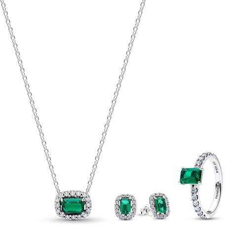 PANDORA Damen Schmuck-Set Kette, Ohrringe und Ring Funkelndes Grün 21783 | Schmuck-Bundle für Frauen, Halskette, Ohrstecker und Ring aus Sterlingsilber 925, grüne Steine und Zirkonia, Damen-Set Silber