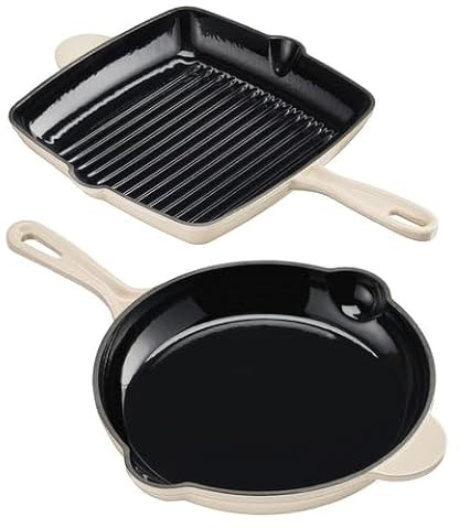 Cooks Professional 2 Piece Cast Iron Frying Pan & Skillet Set | Heavy-Duty Cooking Pans with Enamel Interior | Oven Safe to 260°C, Induction & All Hob Compatible | PFAS, PFOA & PTFE-Free | Ivory