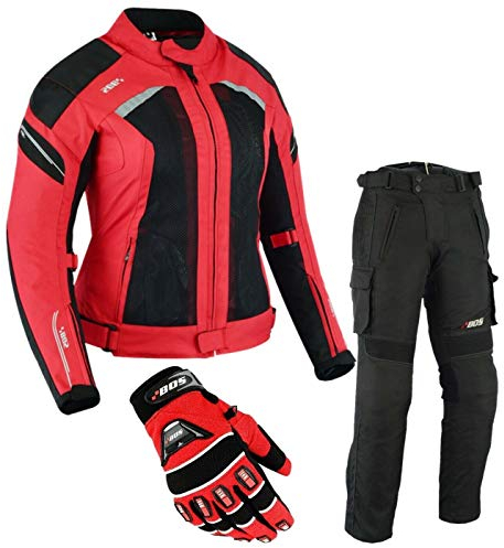 BOSmoto DAMEN MOTORRADKOMBI JACKE + HOSE + HANDSCHUHEN - BIKE MOTORRAD ROCKER TOURING in verschiedenen farben (M, Rot)