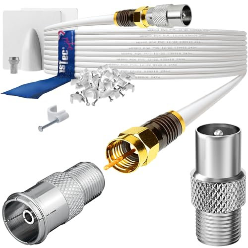 1STec 20m Shielded Digital TV Male to M/Female Gold Plated F-Connector Cable for FreeView HD Freesat BT YouView Satellite Dish or Rooftop Aerial to Wall Box Plug or Socket Lead (20 Metre, White)