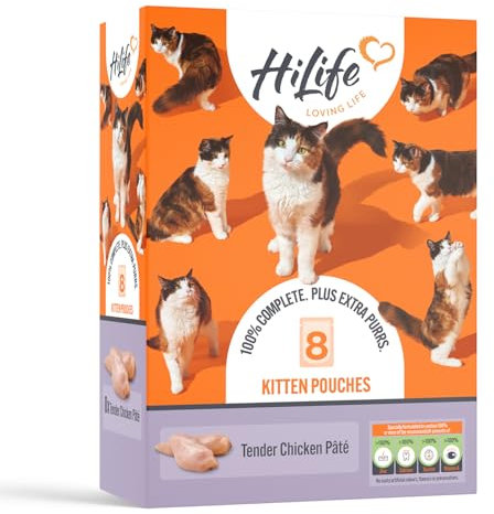 HiLife Kitten Wet Cat Food, Tender Chicken Pate, Complete Cat Food Pouches for Kittens 1 - 12 Months, 100% Natural and Grain Free (8 x 70g Pouches)