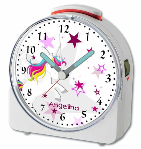 CreaDesign, WU-71-1129-02, Einhorn Rosa, analog Kinderwecker weiß, Funkwecker mit Sweep-Uhrwerk und fluoreszierenden Zeiger und Licht, personlisiert mit Namen, 10,2 x 4,6 x 11 cm