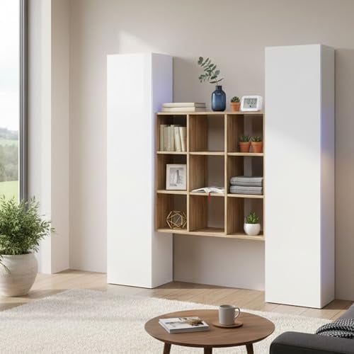 Dmora - Kommode Fausto, Wohnzimmer-Set mit 2 Türen und Regalen, Wohnzimmer-Buffet, Küchen-Sideboard, 100% Made in Italy, 170 x 30 x 180 cm, glänzendes Weiß und Ahorn