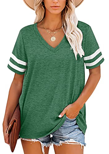 MOLERANI T-Shirts für Damen Kurzarm V-Ausschnitt Gestreifte Sommer Tops Casual Loose Tee Grün XXL
