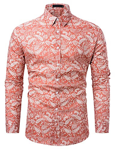 fohemr Mens Paisley Shirt Long Sleeve Floral Print Casual Retro Button Down Shirt Pink Paisley Print 3X-Large