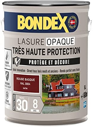 BONDEX - Lasure Opaque Très Haute Protection - Protège et Décore - Direct tous bois - Rendu parfait sans trace - 5 L - Rouge Basque RAL 3004