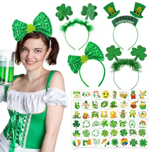 HOWAF 4pcs St Patricks Day Accessoires, St Patricks Day Haarreif St Patricks Day Hut St. Patrick's Day Stirnband Kleeblatt Haarband Tattoo St Patricks Day Kostüm für Irland St Patricks Day Deko