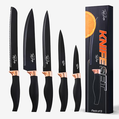 Toni Sharpe Kitchen Knife Set of 5 Black & Gold Knives - Stainless Steel Chef, Carving, Bread, Utility and Paring Knife for Cooking and Baking