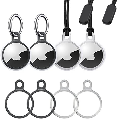 Stouchi Lot de 4 étuis porte-clé Air-Tag en acier inoxydable avec deux porte-clés et deux sangles Installation simple Design fin pour Air-Tags Trouver des clés Air Tags Accessoires