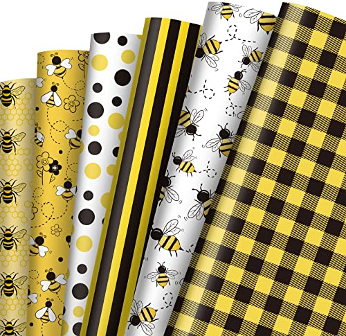 Whaline 12 Blatt Geschenkpapier mit Bienenmotiv, 6 Stil, Hummelmuster, Geschenkpapier, gelb, schwarz, kariert, Streifen, Punkte, Kunstpapier für Frühling, Sommer, Urlaub, Handwerk, 49.7x70.6 cm