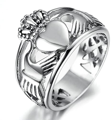 Whoiy Ring Herren 15mm, Ringe Männer Edelstahl Silber Claddagh Ring Krone und Herz Größe 70 (22.3) mit Box